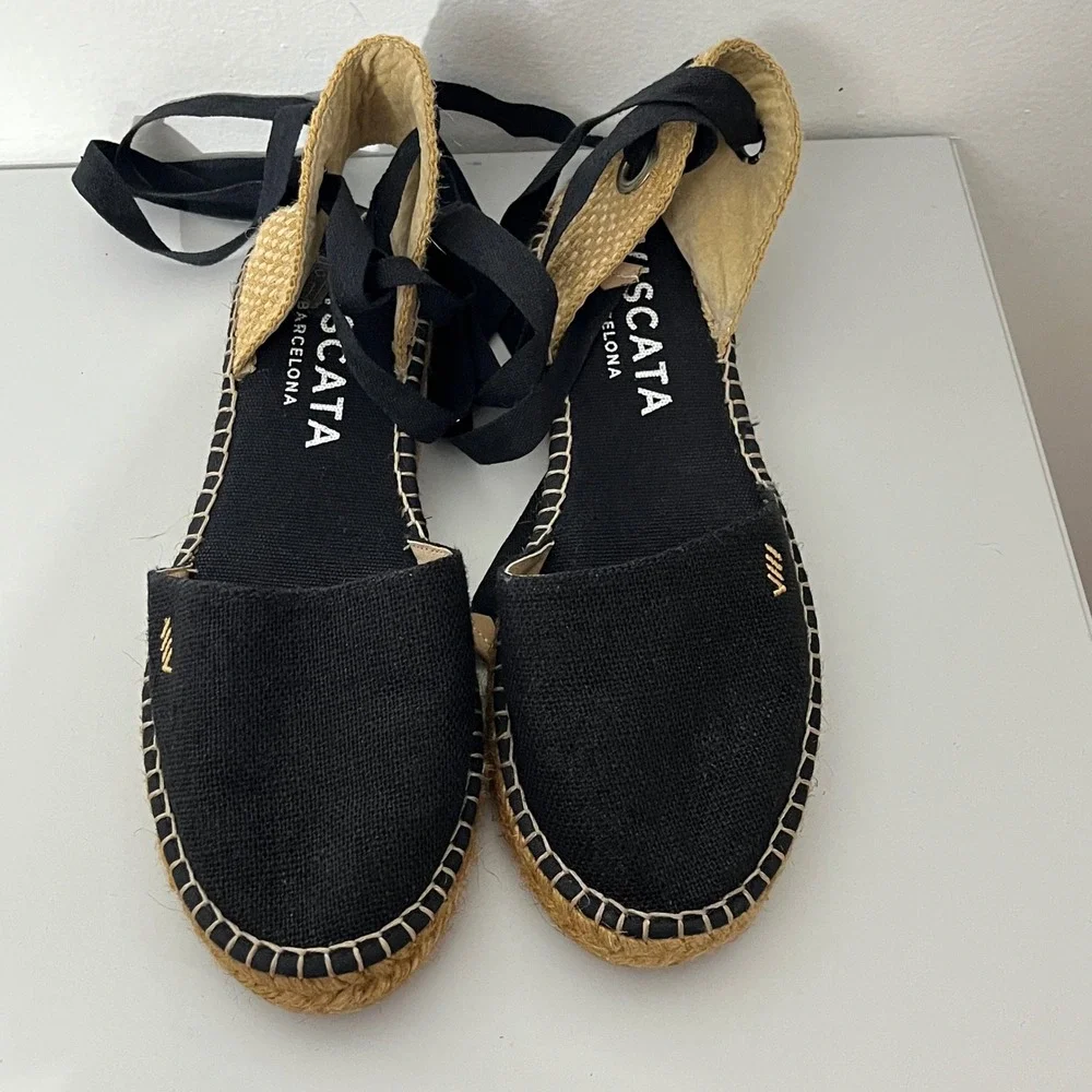 Viscata Espadrilles Women 38 Black Lace Up Ankle Tie Canvas Flats Handcrafted